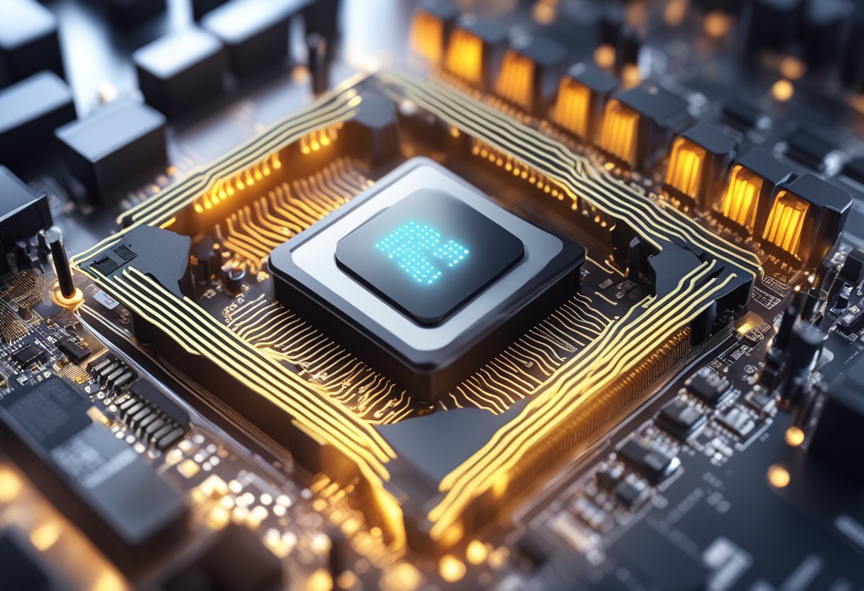 A computer motherboard with a CPU overheating error message displayed on the screen, with visible heat waves emanating from the processor