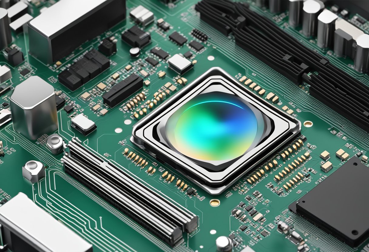 A computer motherboard with a CPU socket and a cooling system, with a digital display showing increased clock speed