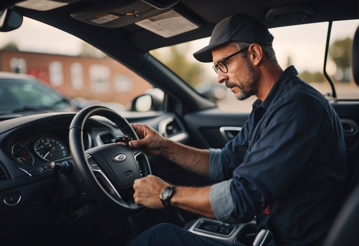 A mechanic comparing an OBD and OBD2 connector on a car dashboard