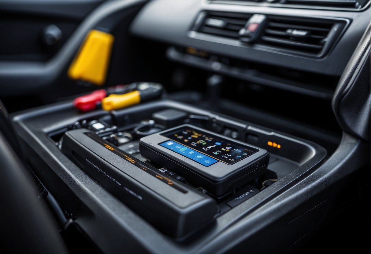 An open car hood with a diagnostic tool plugged into the OBD port, displaying data on a screen