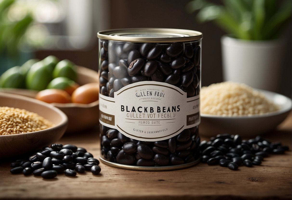 A can of black beans with a clear gluten-free label on the packaging