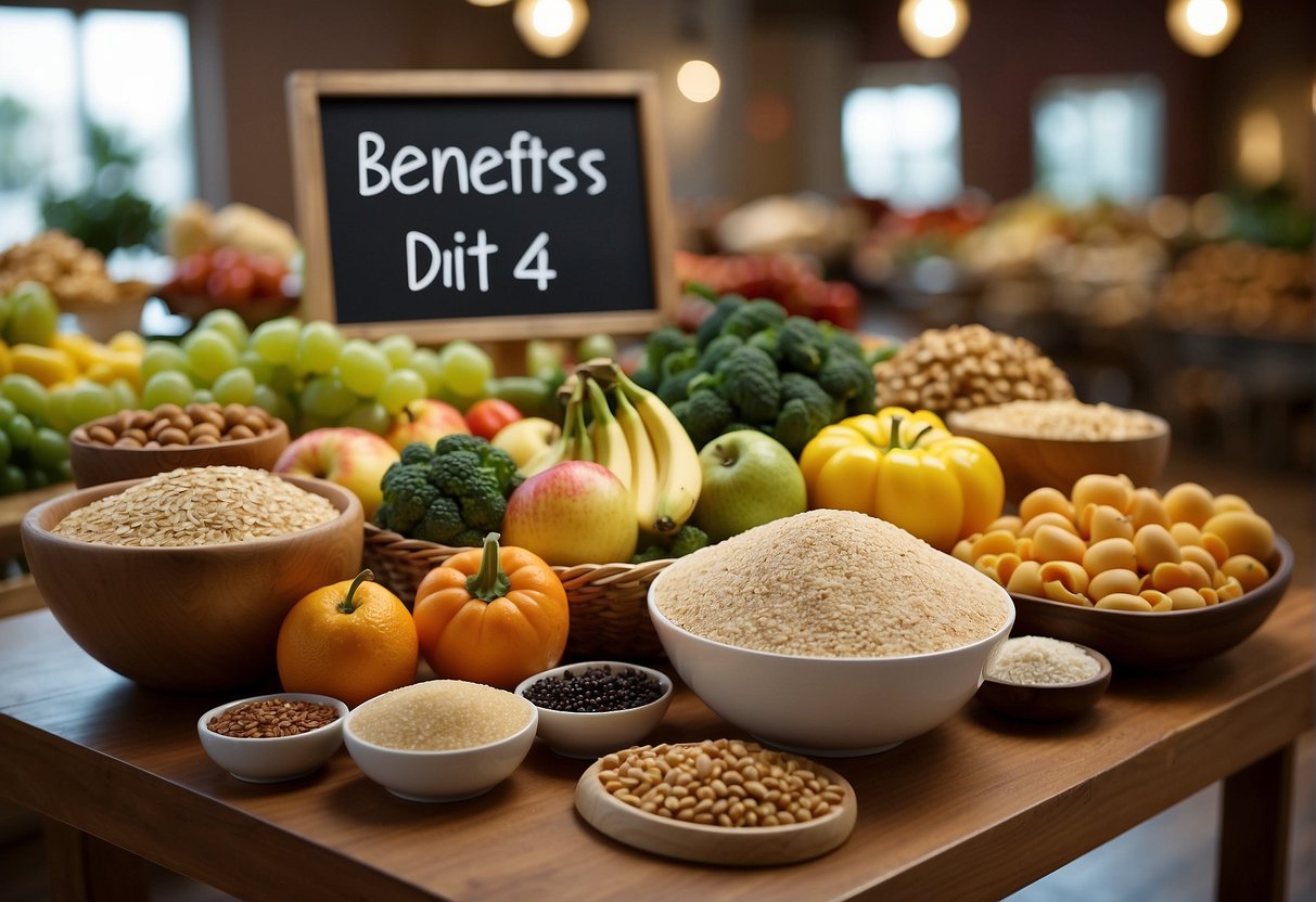 A table with various gluten-free foods: fruits, vegetables, rice, quinoa, and legumes. A sign reads "Benefits of Gluten-Free Diet" above the display