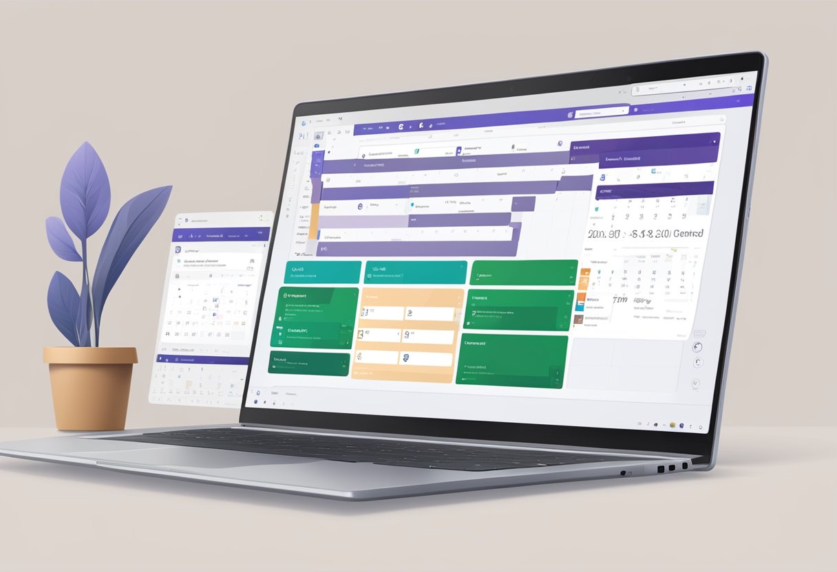 A laptop with Microsoft Teams open, displaying the option to create a shared calendar. The screen shows the steps to set up the calendar, with a clean and organized interface