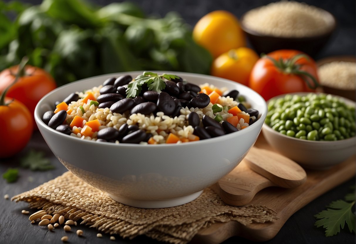 A bowl of black beans surrounded by gluten-free ingredients like quinoa, vegetables, and rice. A gluten-free label is prominently displayed
