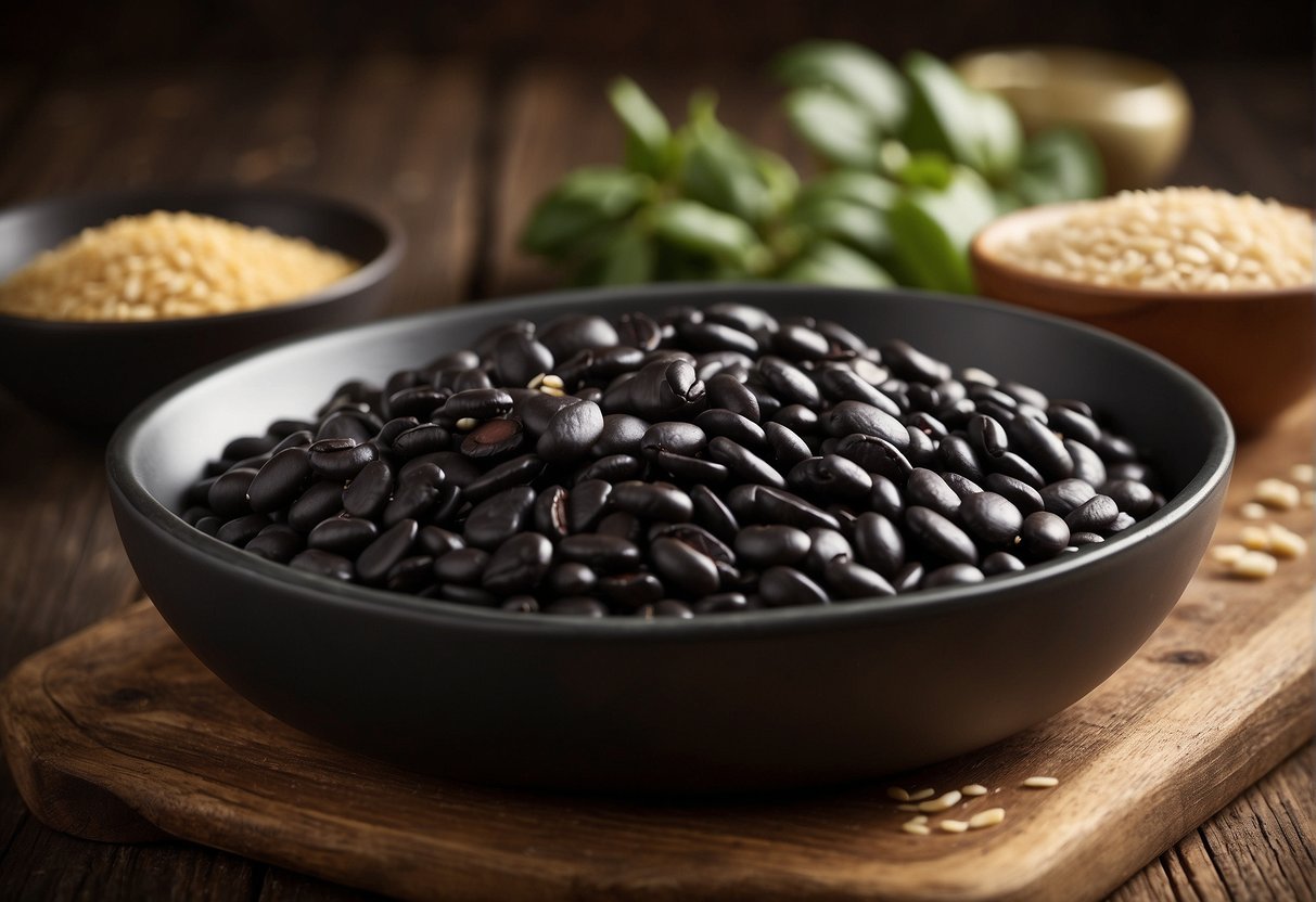A bowl of black beans sits on a wooden table, surrounded by a variety of gluten-free ingredients. A clear label indicates "gluten-free" on the black bean container