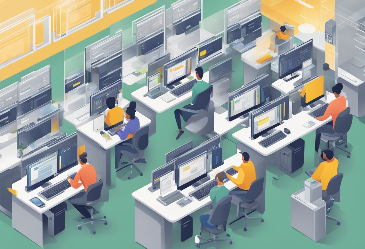 Employees inputting data into a computer system, organizing information, and creating a digital directory