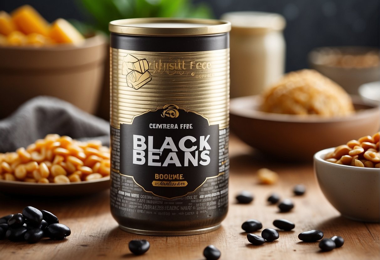A can of black beans with a gluten-free label, surrounded by various gluten-free food items