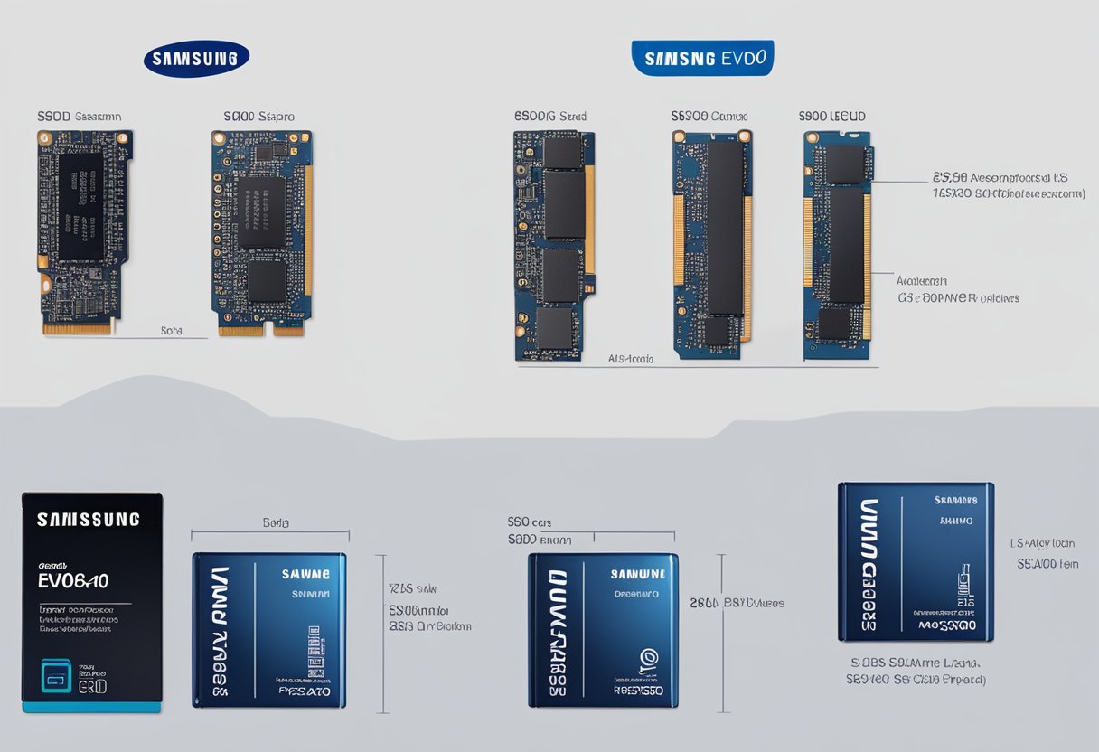 A side-by-side comparison of Crucial MX500 and Samsung 860 EVO SSDs, with detailed specifications displayed prominently