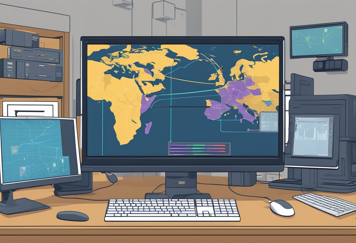 A computer screen shows a high ping and packet loss while playing CSGO. Network cables and routers are visible, indicating potential issues