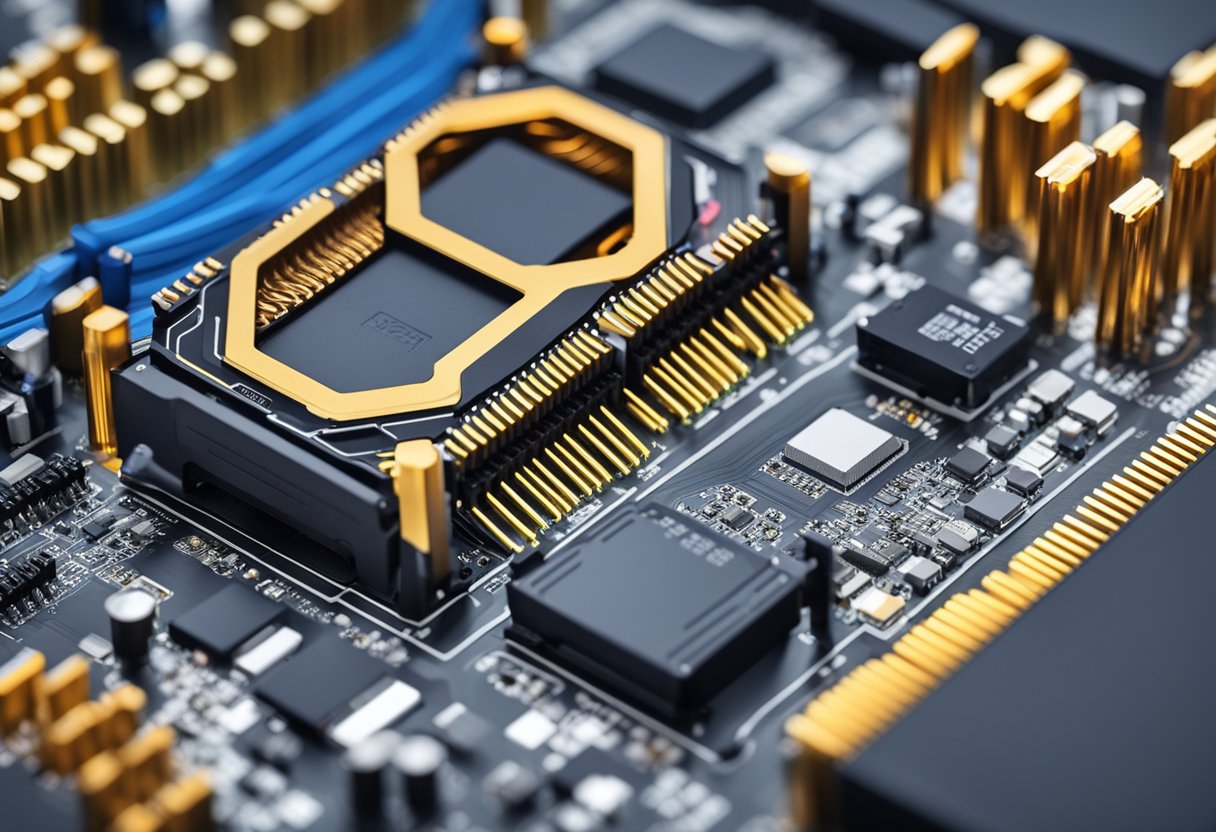 A computer motherboard with DDR4 RAM modules being adjusted and tested for overclocking. Voltage and frequency settings are being tweaked