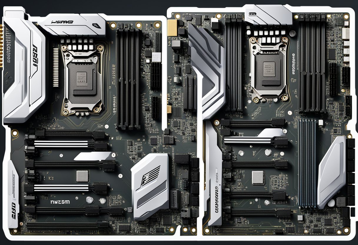 A computer motherboard with DDR4 and DDR5 RAM slots side by side, with clear labels and size differences