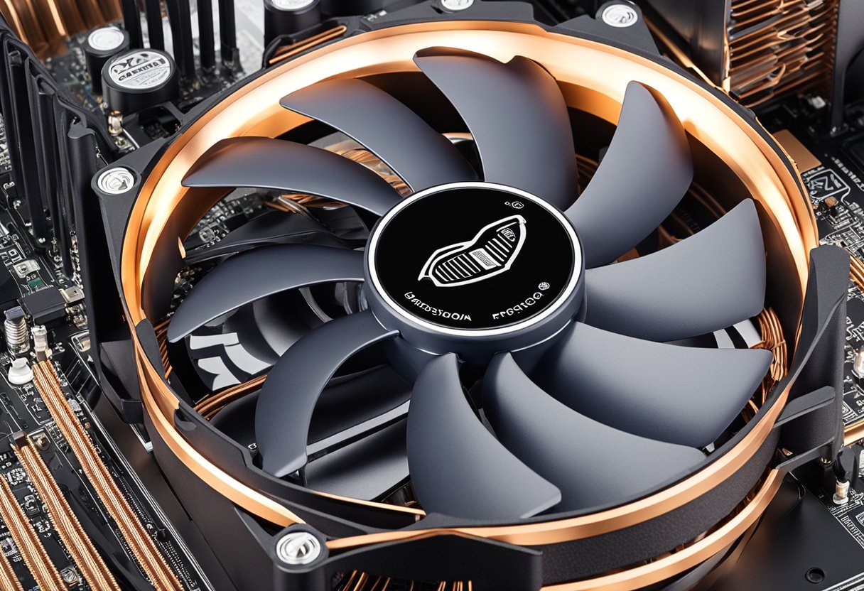 The deepcool gammaxx 400 CPU cooler sits atop a motherboard, with its sleek design and specifications clearly visible. The fan blades spin quietly, while the heat pipes efficiently dissipate heat