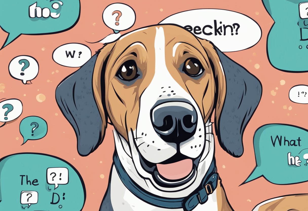 A perplexed dog tilts its head, surrounded by speech bubbles with question marks and the words "What the heckin dog?" in bold letters