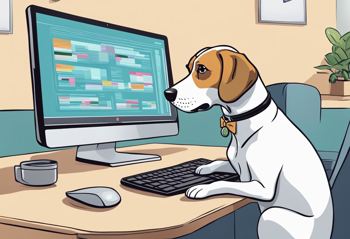 A dog with a puzzled expression looks at a computer screen showing the words "Marketing and Media" with a confused expression