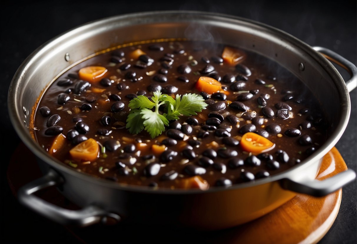 A pot simmering with black beans in a thick, dark sauce