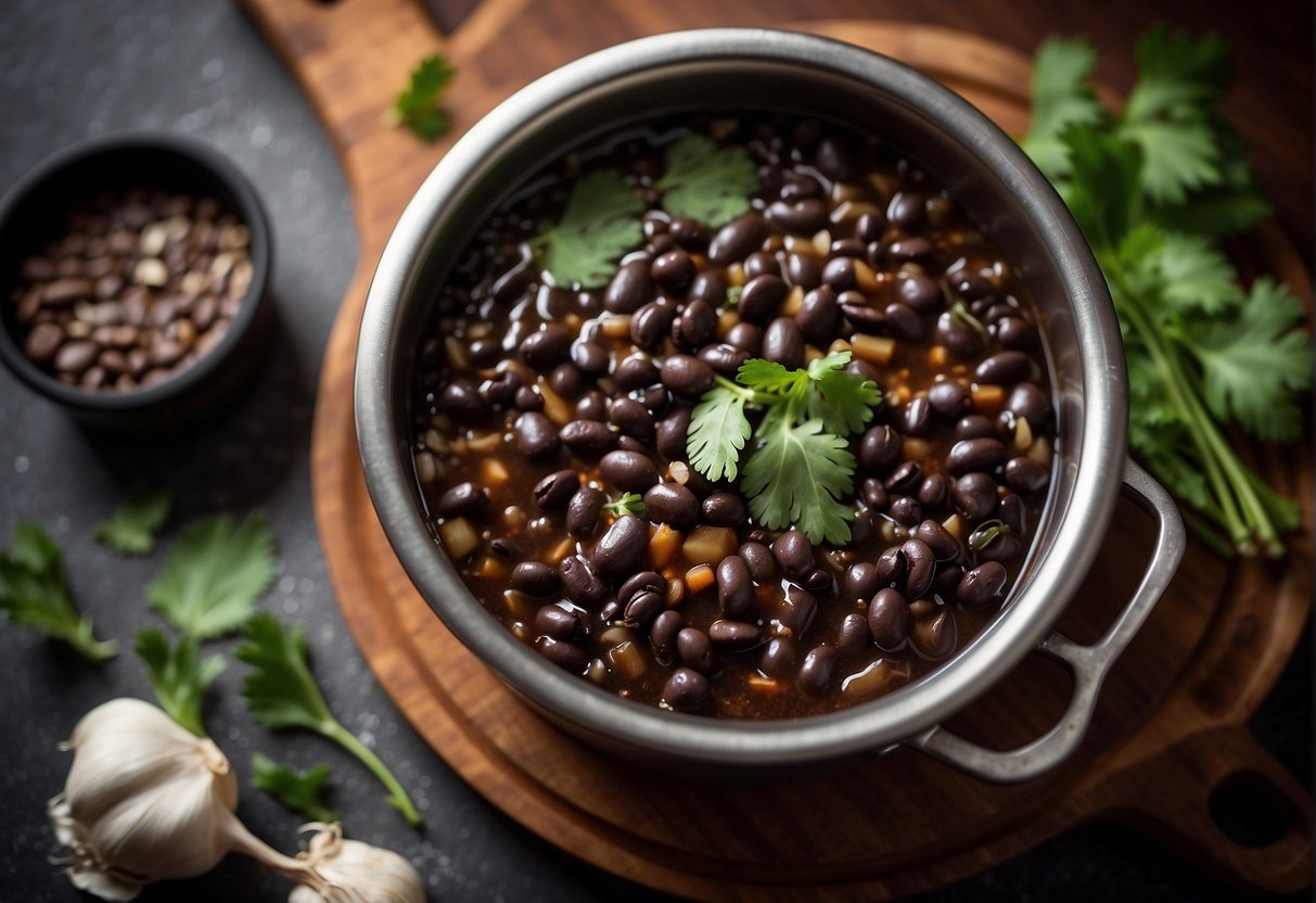A pot of simmering black beans releases a rich, earthy aroma, blending with the pungent scent of garlic and ginger. The steam rises from the pot, carrying the essence of the flavorful black bean sauce