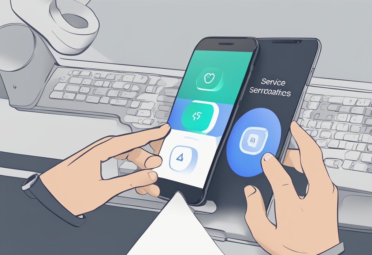 A hand reaches for a smartphone, navigating to settings. The user selects "Applications" and then "Gear VR Service." They toggle the switch to disable the service