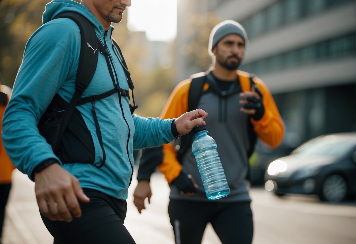 A runner carrying a water bottle in one hand and a phone in the other, with a waist belt for storage