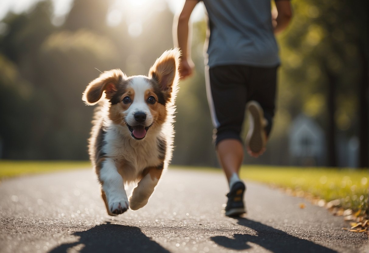 A playful puppy eagerly follows its owner on a morning run, its tail wagging with excitement as it explores the world around it