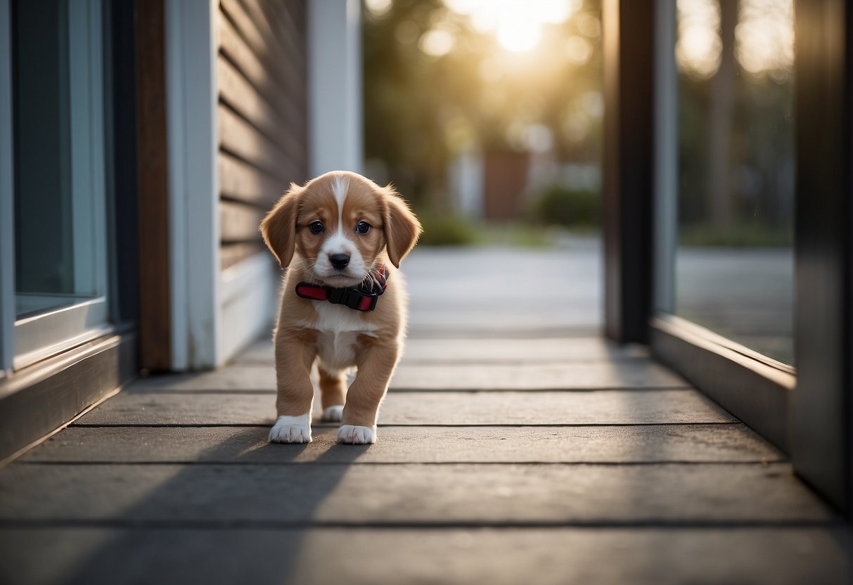 A young, energetic puppy eagerly waits at the door, leash in mouth, ready to join its owner for a run