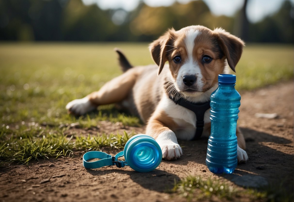 A puppy eagerly waits as a leash is fastened, a pair of running shoes are laced up, and a water bottle is grabbed