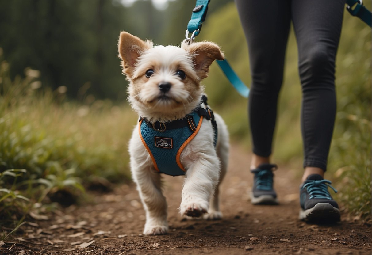 A puppy wearing a harness and leash runs beside its owner on a trail. The owner carries a collapsible water bowl and a small bottle of water for the puppy