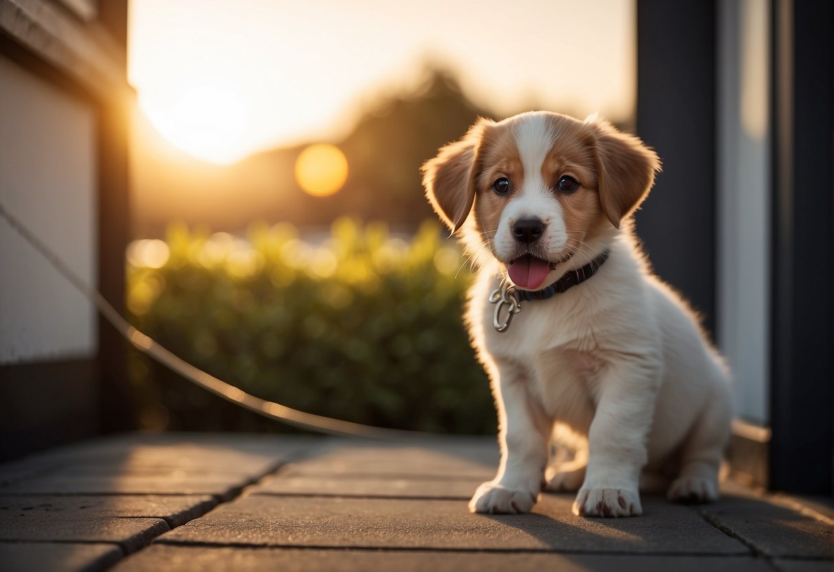 A puppy eagerly waits by the door, leash in mouth, as the sun rises