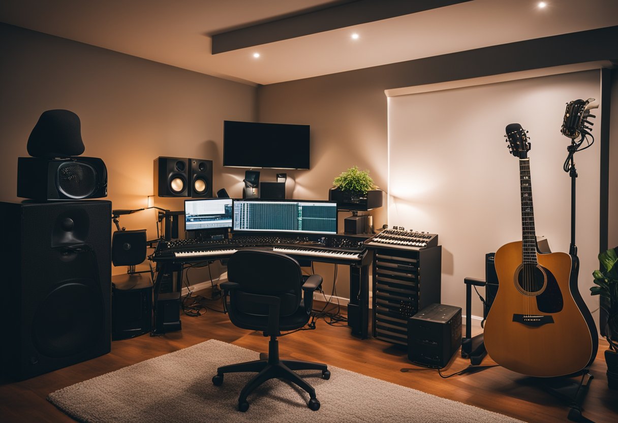 A cozy home studio with a computer, keyboard, guitar, and microphone set up. Soft lighting and soundproofing create a professional yet comfortable atmosphere