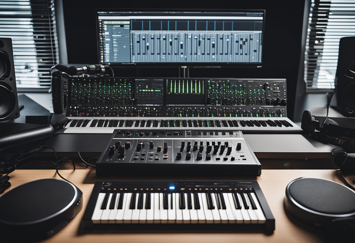 A home music production setup with a computer, MIDI keyboard, speakers, audio interface, and headphones on a desk