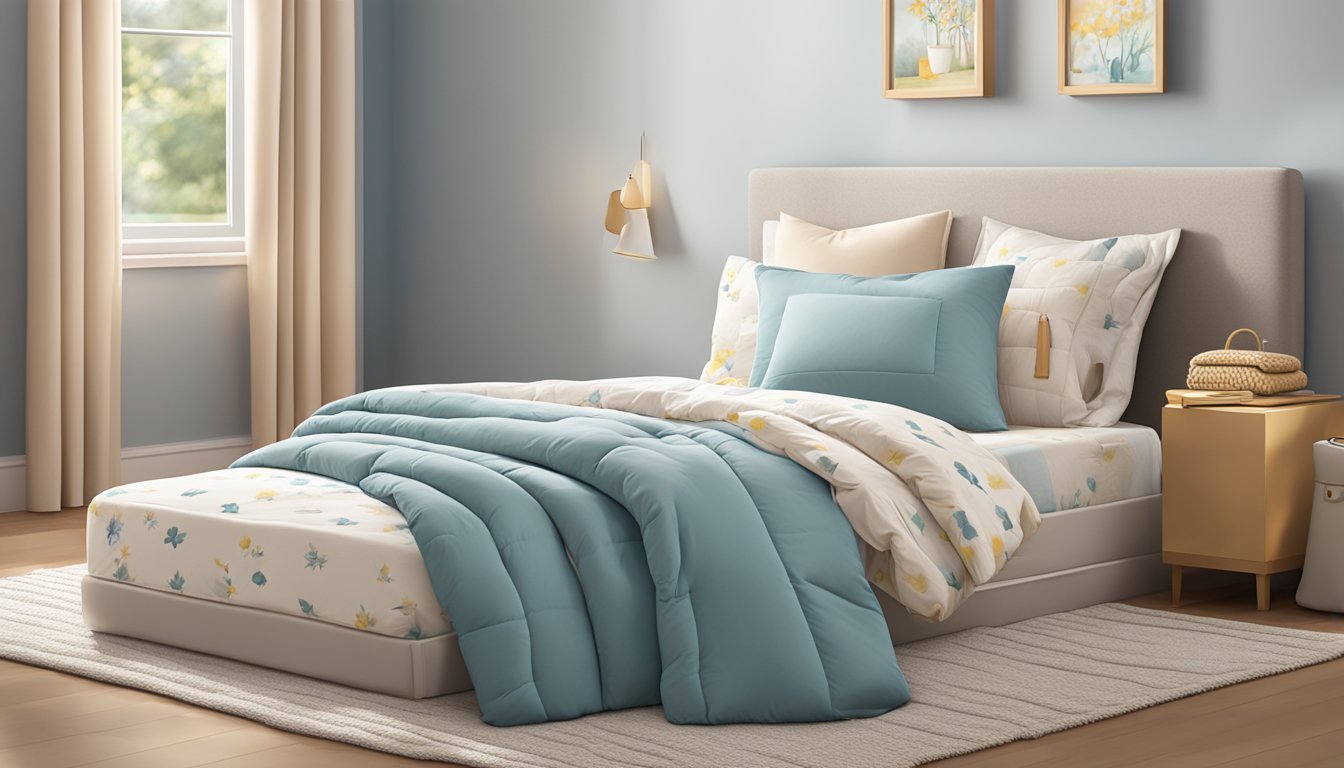 A child's mattress, duvet, and pillow are displayed in a cozy bedroom setting. The mattress is firm and supportive, the duvet is soft and warm, and the pillow is fluffy and comfortable