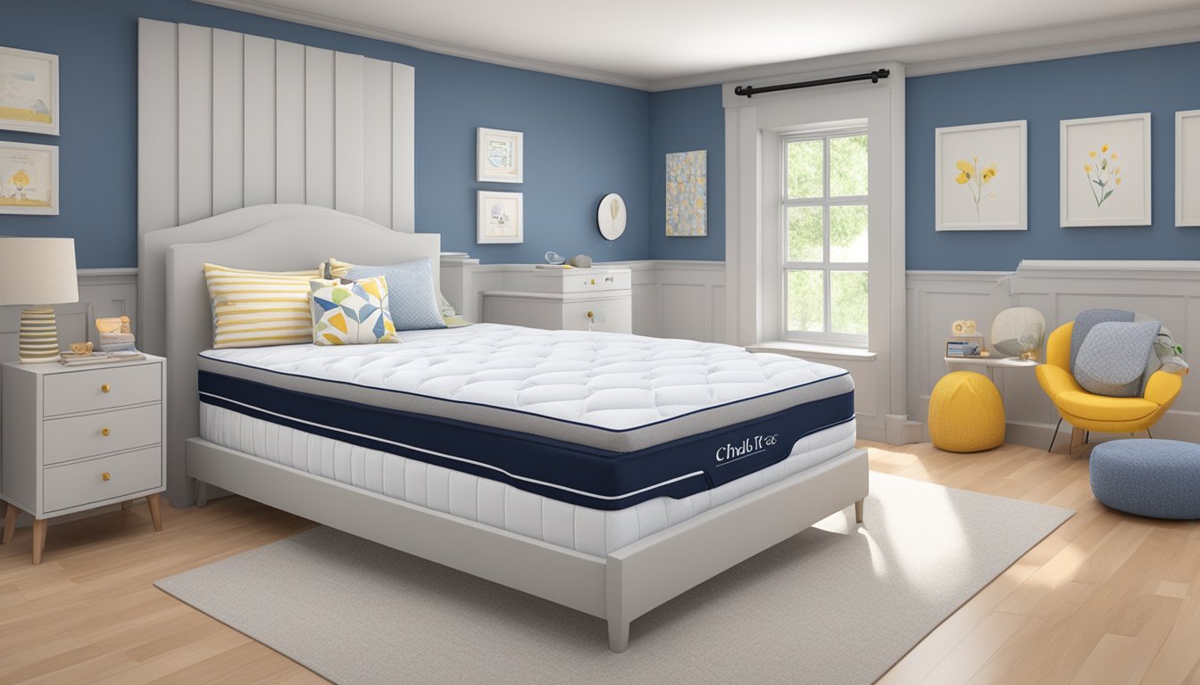 A child's mattress, duvet, and pillow are displayed in a showroom. Various sizes are showcased, with labels indicating the appropriate age range for each option