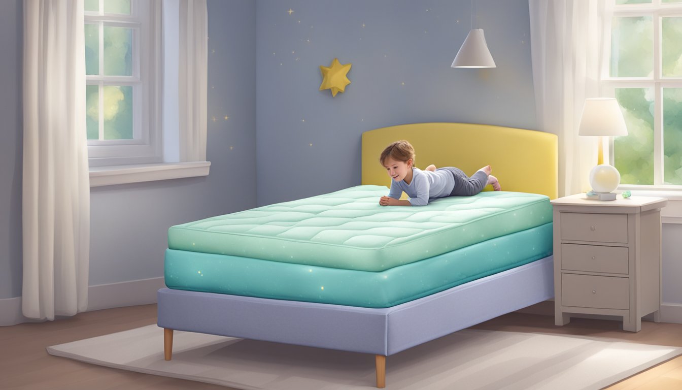 A child's mattress, duvet, and pillow are being tested for firmness and support in a controlled environment