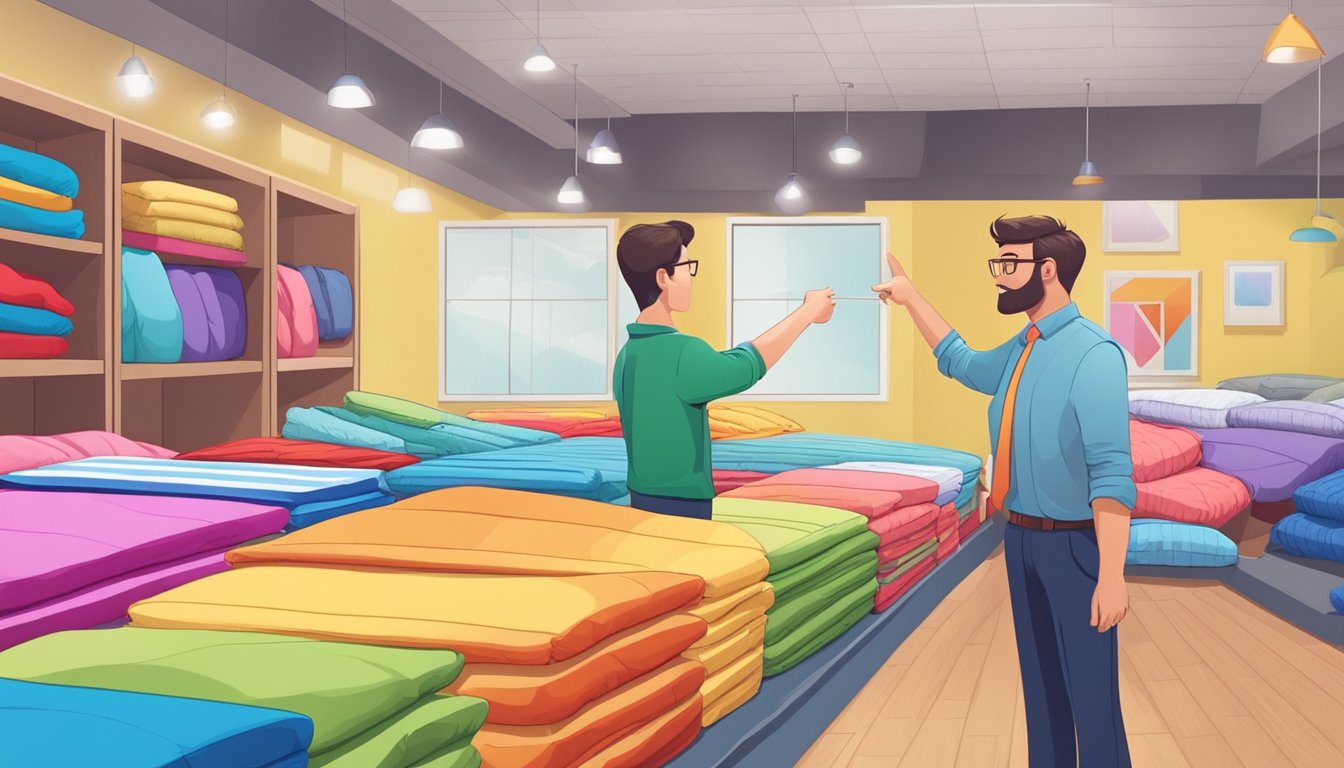 A child standing in front of a display of colorful duvets, pillows, and mattresses, with a salesperson pointing to different options