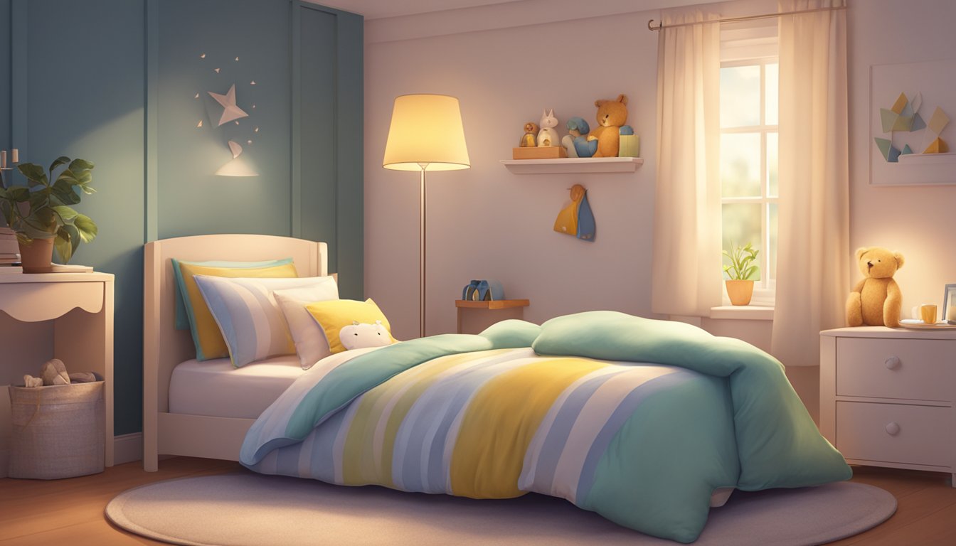 A child's mattress, duvet, and pillow are displayed in a cozy bedroom setting, with soft lighting and a comforting atmosphere. The pillow is fluffed and inviting, while the mattress and duvet appear comfortable and supportive