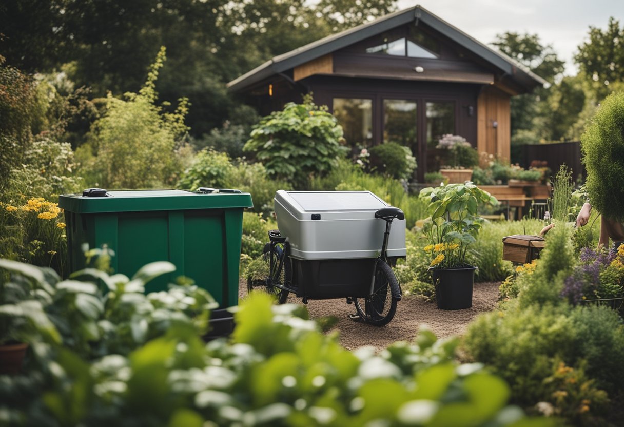 A lush garden with compost bins, a solar panel, and a rainwater collection system. An example of sustainable hobbies.