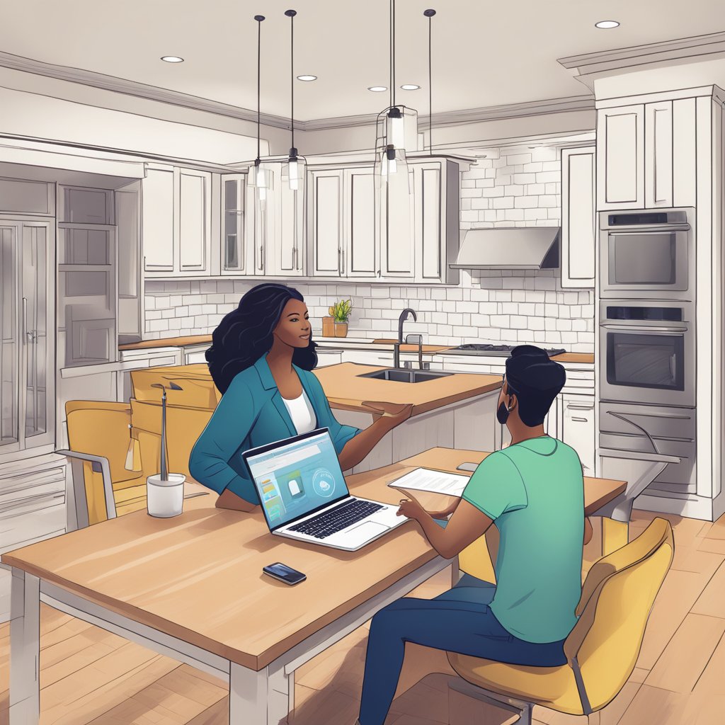 A homeowner types questions into a chat interface while a virtual assistant provides real-time advice on home renovation projects