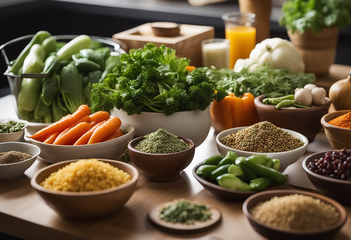 Fresh vegetables and a variety of spices and herbs scattered on the counter. Embracing vegan cooking, which is an example of sustainable hobbies.