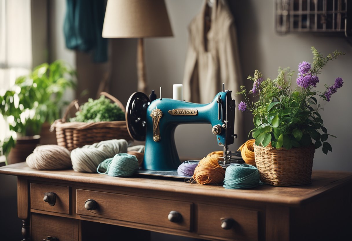 A cozy room with natural light, a vintage sewing machine, and colorful threads and fabric scattered about. A few potted plants around the room. Embracing sustainable hobbies.