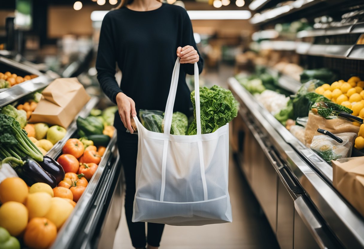 A person loads reusable bags with groceries from a store offering eco-friendly packaging and sustainable grocery shopping