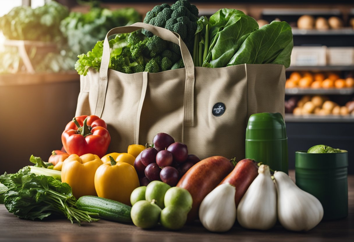A reusable grocery bag filled with fresh produce, bulk items, and eco-friendly products sitting on counter