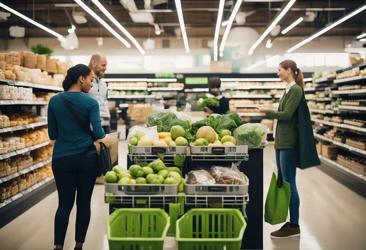 Customers browsing eco-friendly products in a well-lit grocery store. Reusable bags and bulk bins are prominently displayed, and customers are performing sustainable grocery shopping