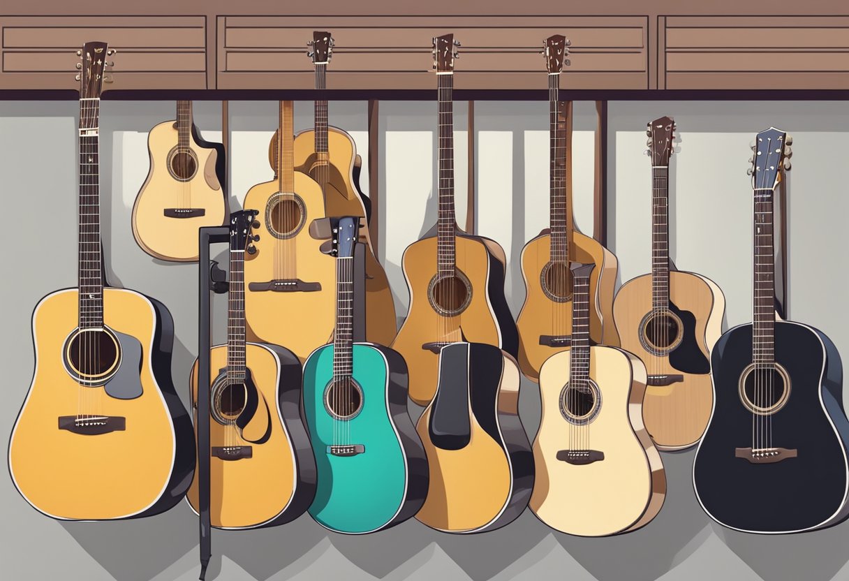 A person selecting a cheap acoustic guitar from a display of various options in a music store