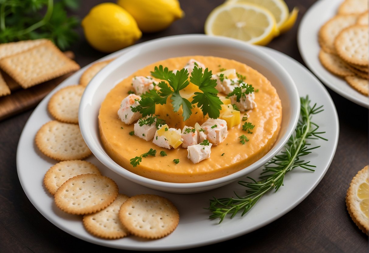A platter of crab pate surrounded by crackers and garnished with fresh herbs and lemon slices