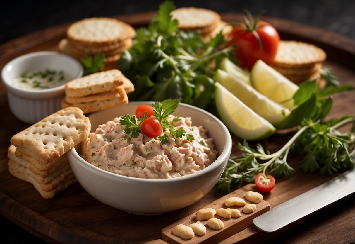 A bowl of crab pate surrounded by a spreader, crackers, and garnishes on a wooden serving board