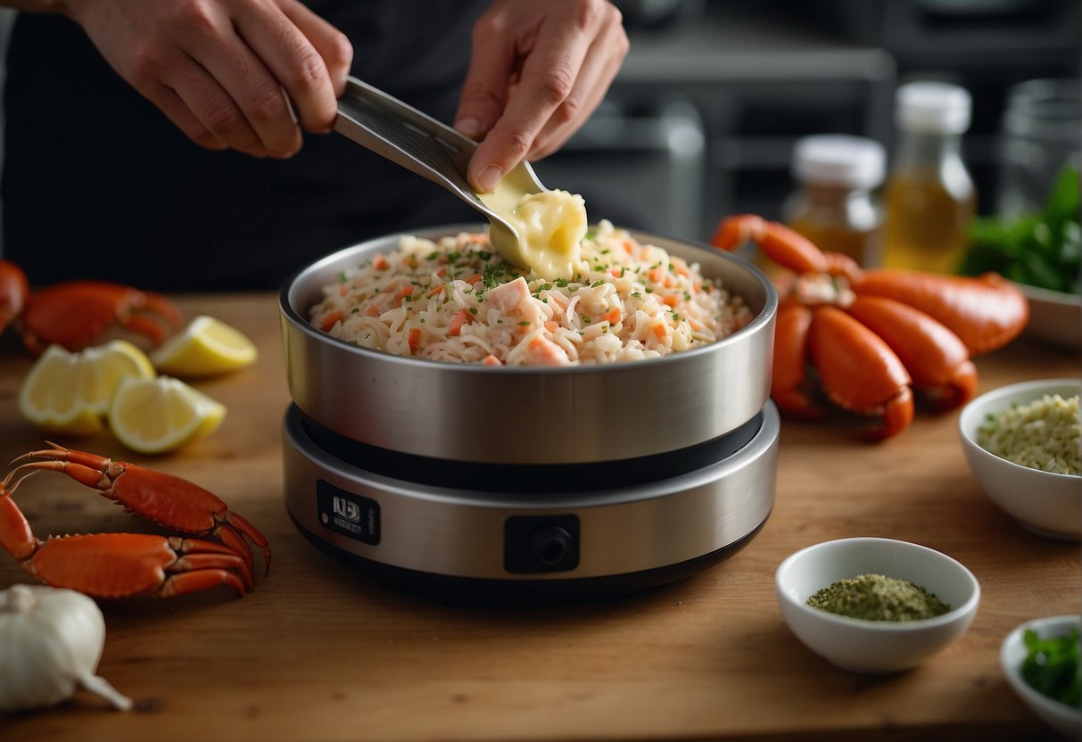 A chef mixes crab meat, butter, and seasonings in a food processor. The mixture is then shaped into a smooth, even base for the crab pate