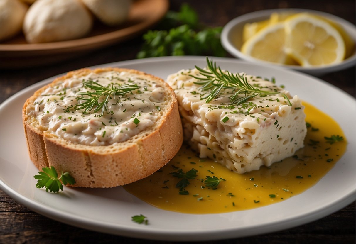 Crab pate being seasoned with herbs and spices, with a sprinkle of salt and a drizzle of olive oil for added flavor