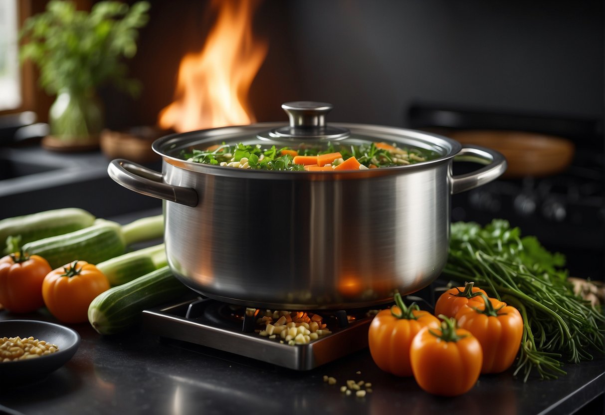 A pot simmers on a stove with chopped courgettes and carrots, surrounded by scattered herbs and spices