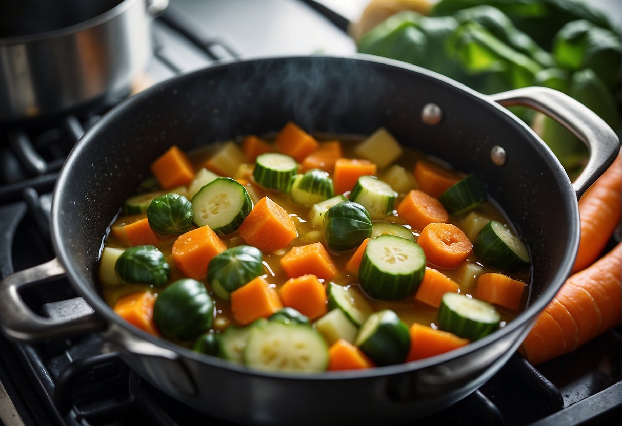 A pot of chopped courgettes and carrots simmers in a bubbling broth on a stovetop