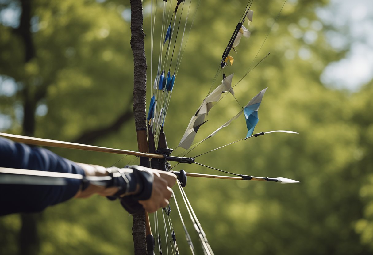 The tree branches sway violently, arrows struggle to find their target, and the archery range flags whip furiously in the strong gusts