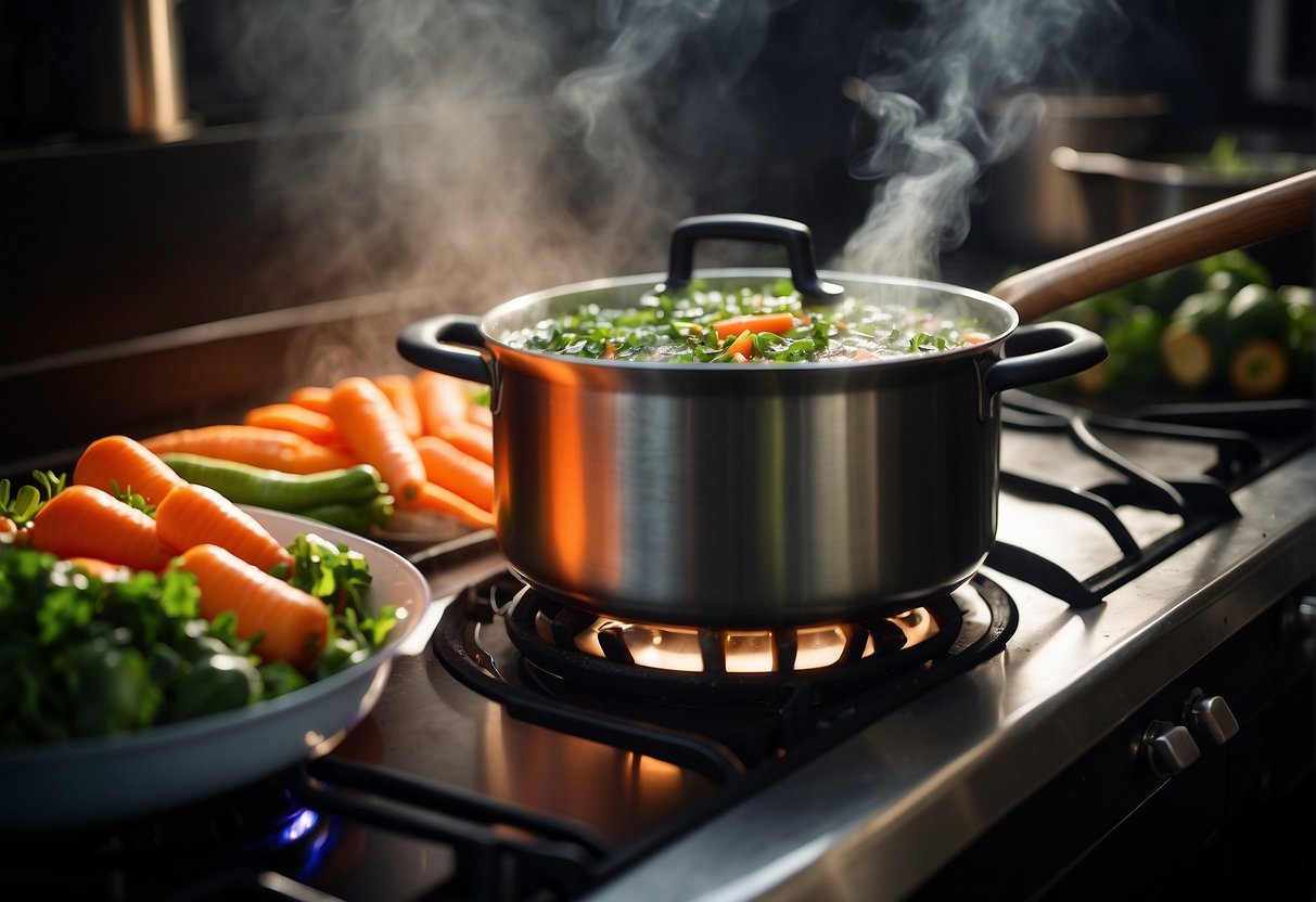 A pot simmers on a stove, filled with diced courgettes and carrots. A wooden spoon stirs the bubbling mixture, steam rising from the pot